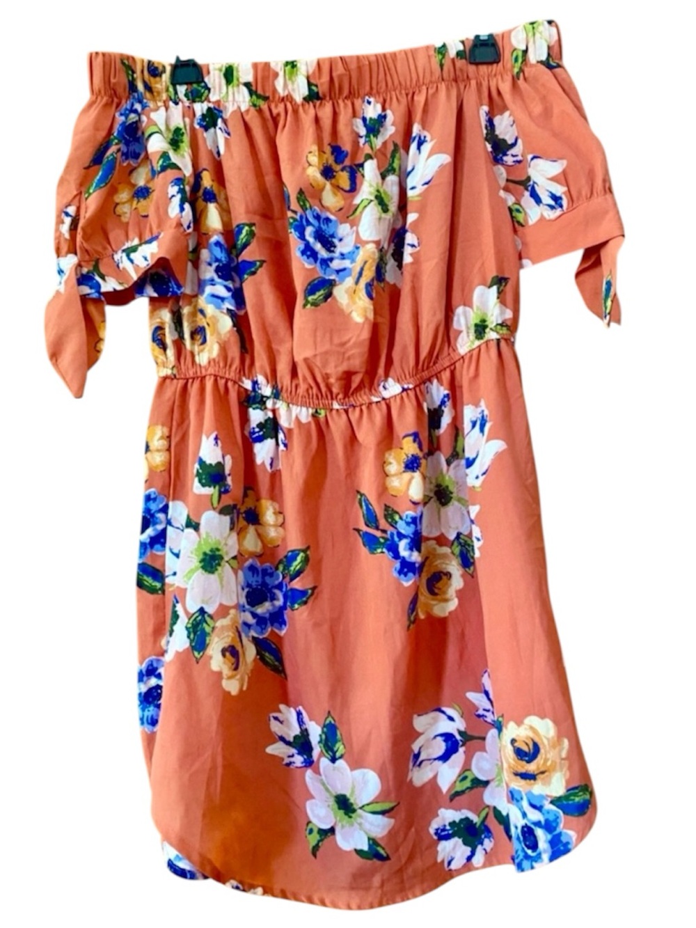 Blush Off Shoulder Floral Mini Dress Coral Blue Boho Peasant Tie Sleeve S/M